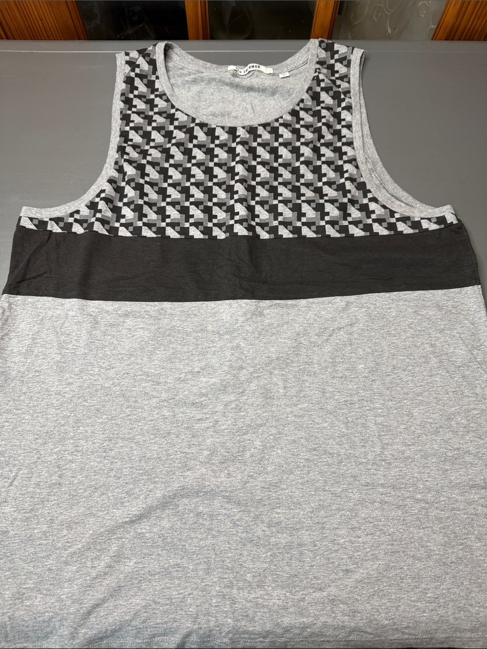 Men's Grey and Black Patterned Tank Top. Size: LG